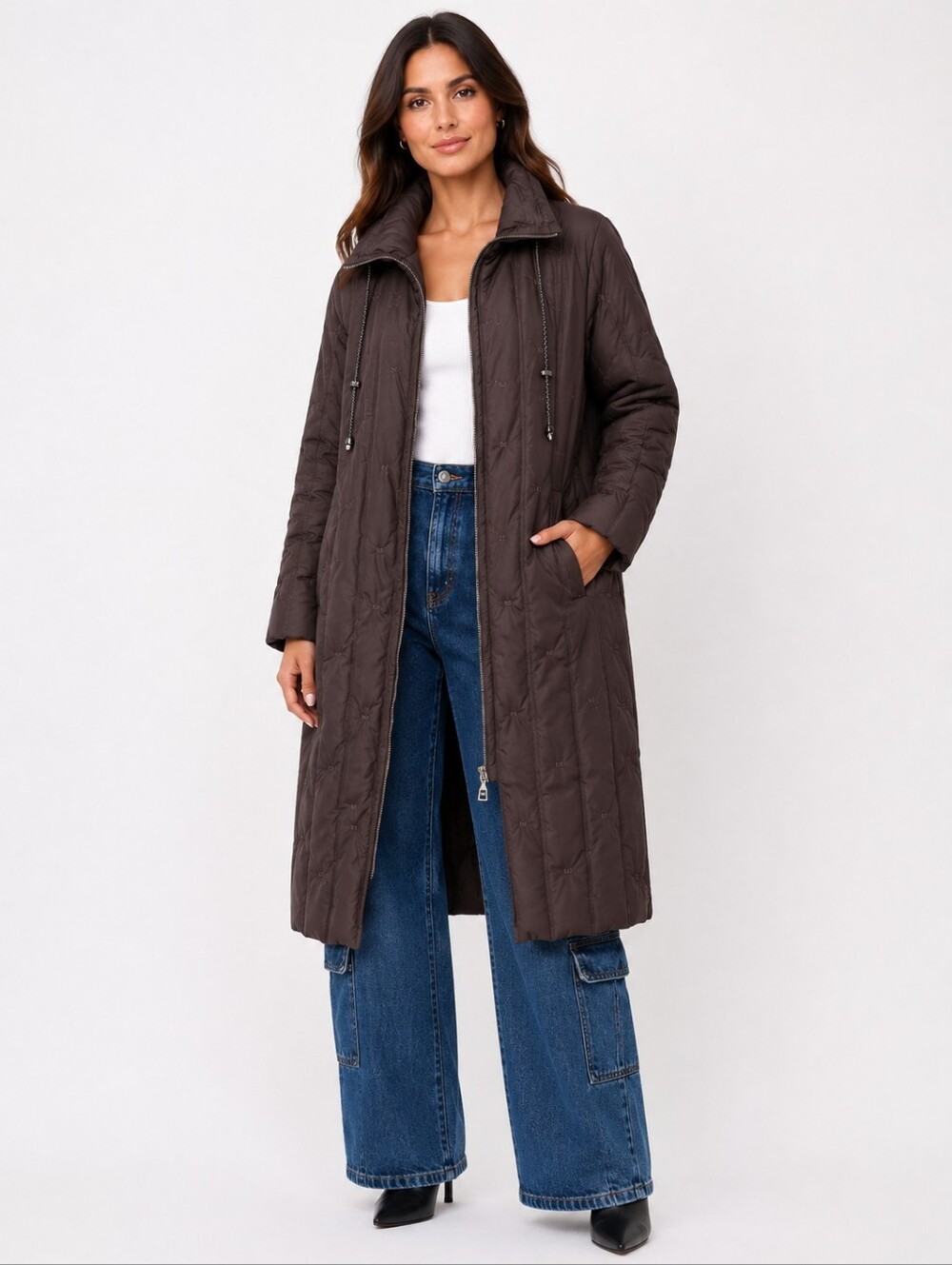 Max Mara Rainwear Brown Long Zip Logo Puffer No Hood Size 8